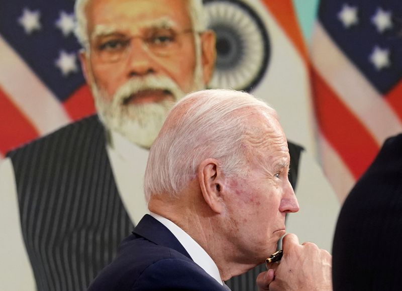 © Reuters. FILE PHOTO: U.S. President Joe Biden holds a virtual meeting with Indian Prime Minister Narendra Modi to discuss Russia's war with Ukraine from the White House in Washington U.S., April 11, 2022. REUTERS/Kevin Lamarque