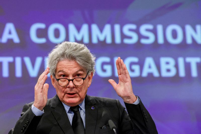 &copy; Reuters. FILE PHOTO: European Internal Market and Industry Commissioner Thierry Breton speaks at a news conference in Brussels, Belgium February 23, 2023. REUTERS/Yves Herman/