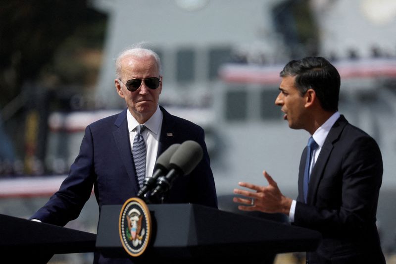 &copy; Reuters. FILE PHOTO: British Prime Minister Rishi Sunak delivers remarks on the Australia - United Kingdom - U.S. (AUKUS) partnership, after a trilateral meeting with U.S. President Joe Biden and Australian Prime Minister Anthony Albanese, at Naval Base Point Loma