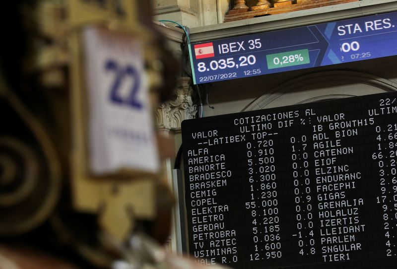&copy; Reuters. شاشات إلكترونية تعرض بيانات الأسهم بالبورصة الإسبانية في مدريد. صورة من أرشيف رويترز.