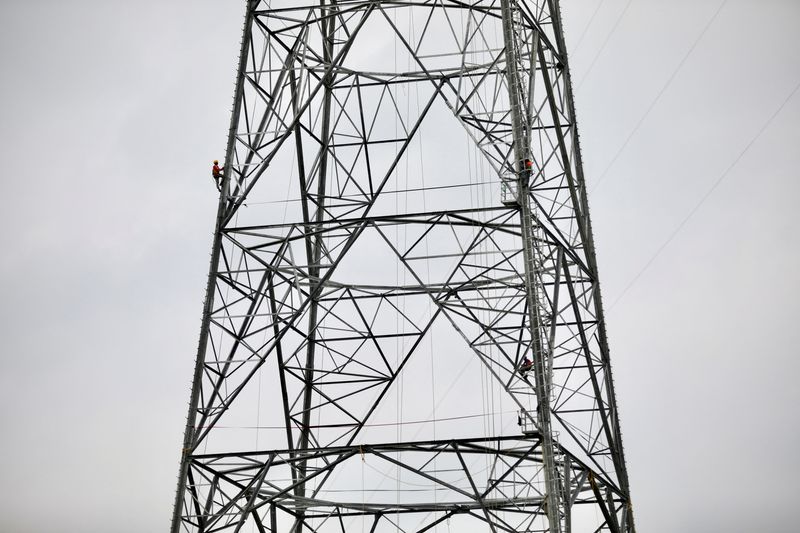 &copy; Reuters. FILE PHOTO: A worker climbs an under construction power transmission tower in Munshiganj, outskirts of Dhaka, Bangladesh, June 30, 2021. REUTERS/Mohammad Ponir Hossain