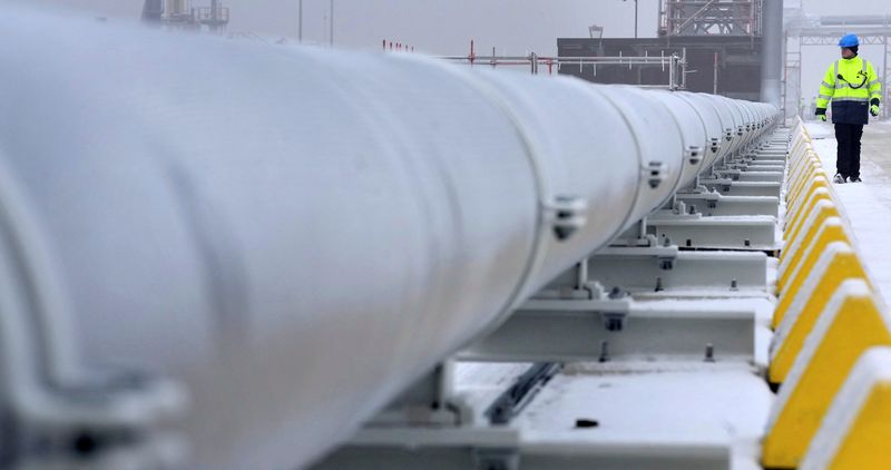 © Reuters. FILE PHOTO: A worker walks past a gas tube that connects the 'Hoegh Esperanza' Floating Storage and Regasification Unit (FSRU) with main land during the opening of the LNG (Liquefied Natural Gas) terminal in Wilhelmshaven, Germany, December 17, 2022. Michael Sohn/Pool via REUTERS