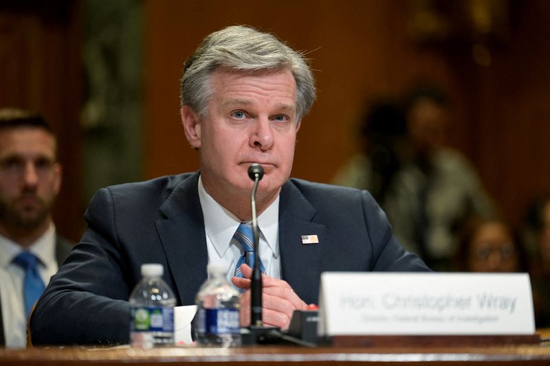 &copy; Reuters. FILE PHOTO: FBI Director Christopher Wray testifies before a Senate Appropriations Commerce, Justice, Science, and Related Agencies Subcommittee hearing on President Biden’s proposed budget request for the Federal Bureau of Investigation (FBI) and for t