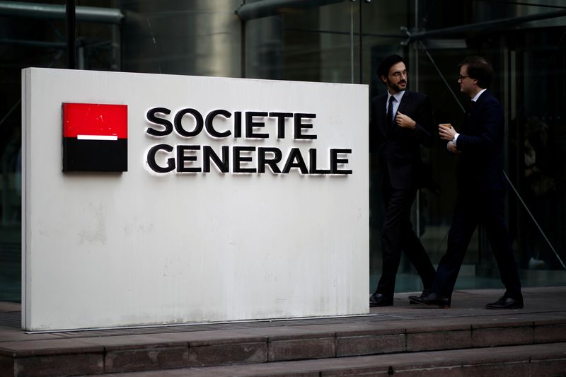 &copy; Reuters. FILE PHOTO: The logo of Societe Generale is seen on the headquarters at the financial and business district of La Defense near Paris, France, February 4, 2020. REUTERS/Benoit Tessier