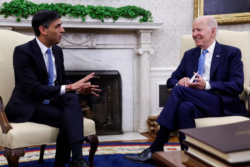 © Reuters. Britain's Prime Minister Rishi Sunak speaks during a meeting with U.S. President Joe Biden in the Oval Office at the White House in Washington, U.S., June 8, 2023. REUTERS/Evelyn Hockstein