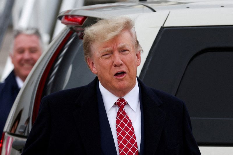 &copy; Reuters. FILE PHOTO: Former U.S. President and Republican presidential candidate Donald Trump reacts after arriving at Aberdeen International Airport in Aberdeen, Scotland, Britain May 1, 2023. REUTERS/Russell Cheyne