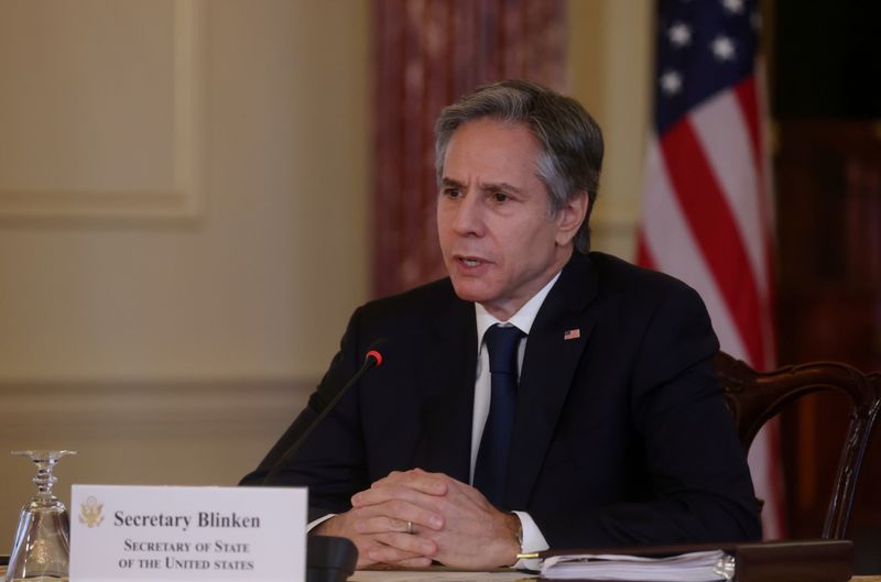 &copy; Reuters. FILE PHOTO: U.S. Secretary of State Antony Blinken participates in a virtual bilateral meeting with Kenya's President Uhuru Kenyatta during a videoconference at the State Department in Washington, U.S., April 27, 2021. REUTERS/Leah Millis/Pool