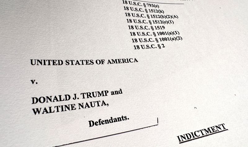 &copy; Reuters. The first page of the U.S. Justice Department's charging document against former U.S. President Donald Trump and his employee Waltine Nauta, charging Trump with 37 criminal counts, including charges of unauthorized retention of classified documents and co