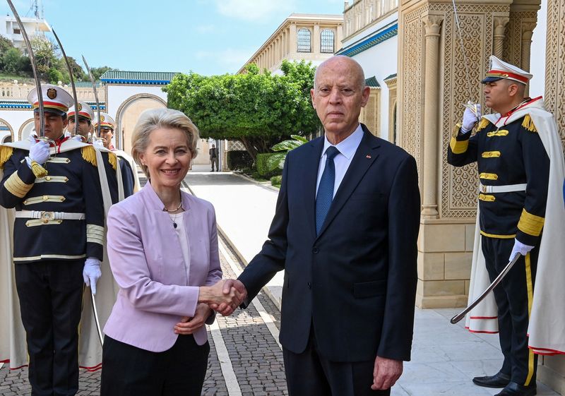 &copy; Reuters. Tunisia's President Kais Saied shakes hands with European Commission President Ursula von der Leyen in Tunis, Tunisia June 11, 2023.  Tunisian Presidency/Handout via REUTERS