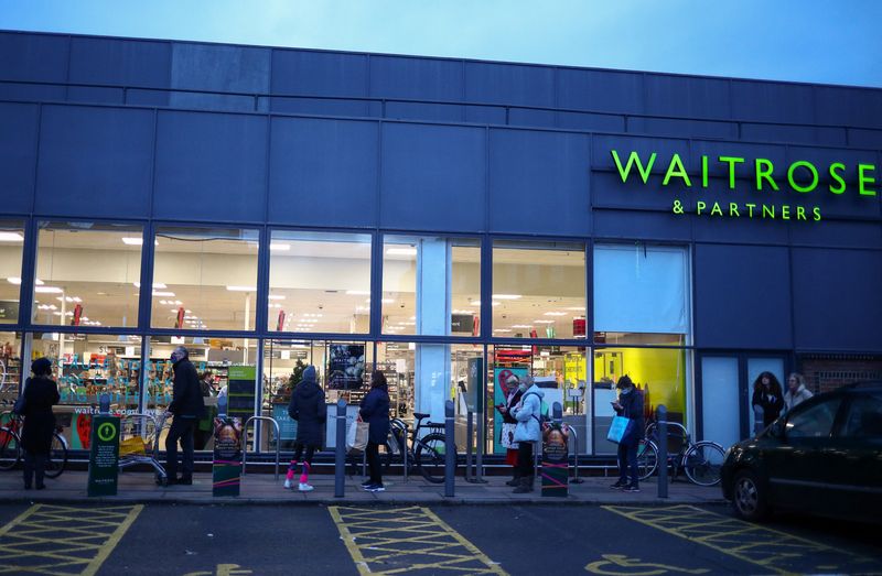 &copy; Reuters. FILE PHOTO: People queue outside the Waitrose and Partners supermarket, amid the coronavirus disease (COVID-19) outbreak, Balham, London, Britain December 22, 2020. REUTERS/Hannah McKay