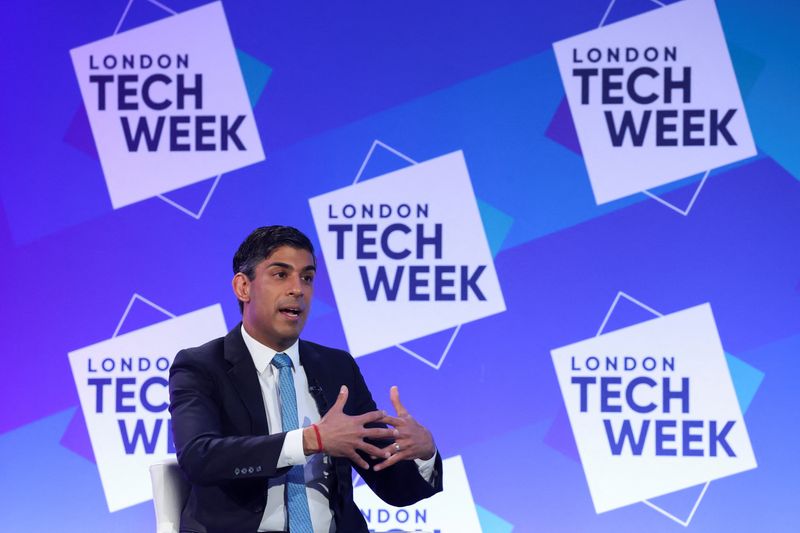 © Reuters. British Prime Minister Rishi Sunak speaks at the London Tech Week in London, Britain, June 12, 2023. REUTERS/Toby Melville