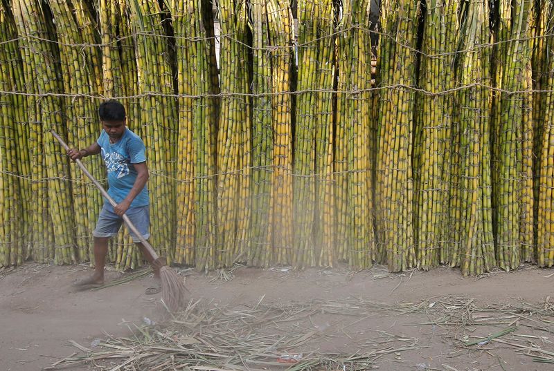 &copy; Reuters. FOTO DE ARCHIVO: Un barrendero limpia un camino frente a la caña de azúcar expuesta para la venta en un mercado mayorista en Calcuta, India. 9 de octubre, 2018. REUTERS/Rupak De Chowdhuri