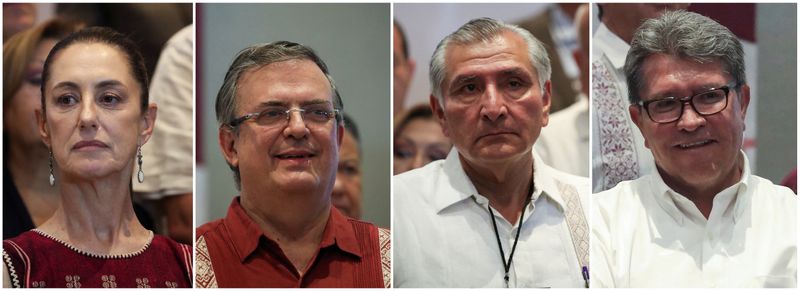 © Reuters. Foto combinada mostra prefeita da Cidade do México, Claudia Sheinbaum; o ministro das Relações Exteriores do México, Marcelo Ebrard; o ministro do Interior do México, Adan Augusto Lopez, e o senador Ricardo Monreal Avila, olhando como Alfonso Durazo (foto não divulgada), presidente do Conselho Nacional do Movimento Nacional de Regeneração e Movimento do México (Morena)
11/06/2023
REUTERS/Henry Romero