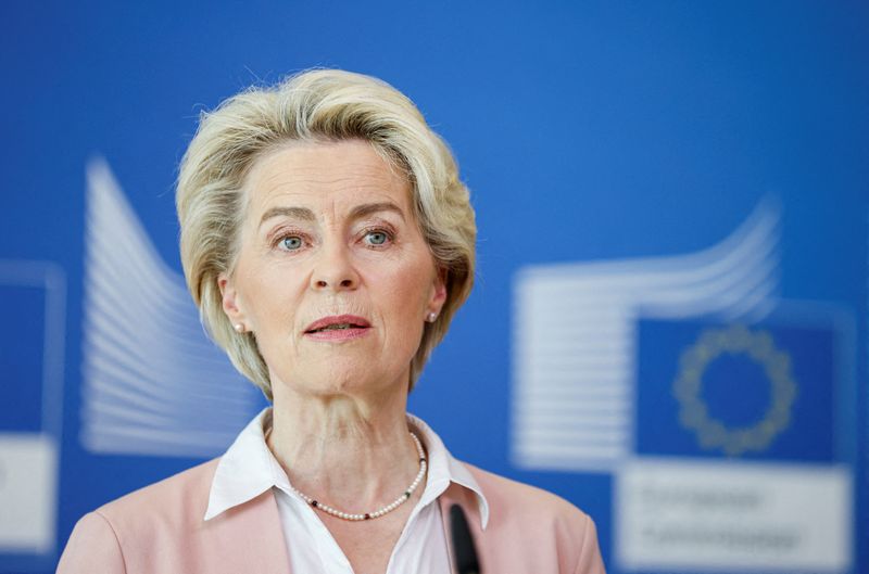 &copy; Reuters. FILE PHOTO: European Commission President Ursula von der Leyen makes a statement on the launch of a partnership for COVID-19 vaccine manufacturing between the EU and Latin American and Caribbean countries, in Brussels, Belgium June 22, 2022. REUTERS/Johan