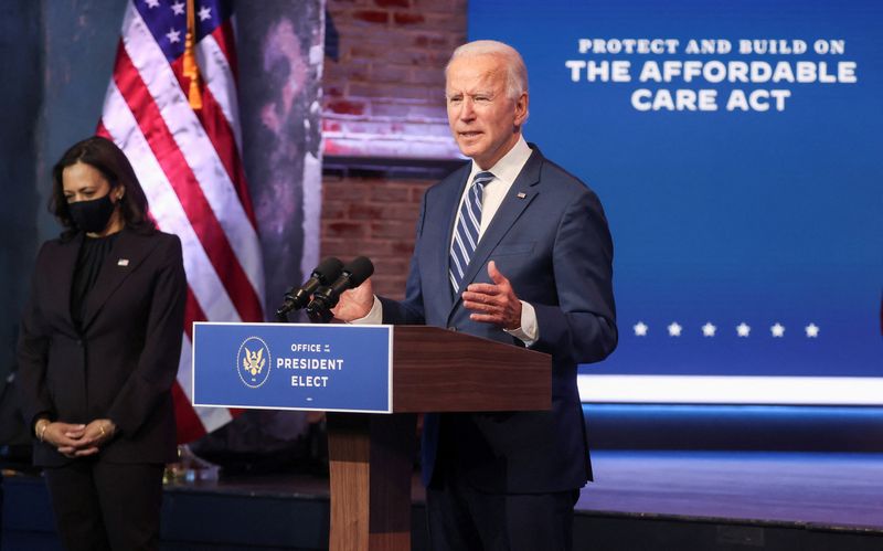 &copy; Reuters. FILE PHOTO: U.S. President-elect Joe Biden talks about protecting the Affordable Care Act (ACA) as he speaks to reporters with Vice President-elect Kamala Harris at this side about their "plan to expand affordable health care" during an appearance in Wilm