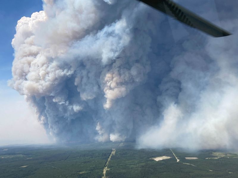 © Reuters. Smoke billows upwards from the Donnie Creek wildfire (G80280) south of Fort Nelson, British Columbia, Canada June 11, 2023.  B.C. Wildfire Service/Handout via REUTERS