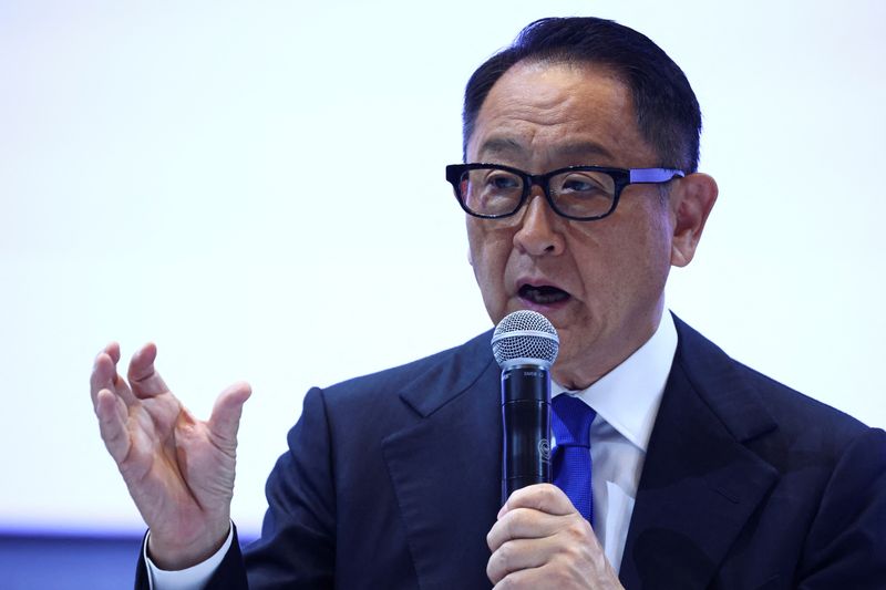 &copy; Reuters. FILE PHOTO: Toyota Motor Corporation President Akio Toyoda speaks during a press conference over rigging safety tests by its affiliate Daihatsu that affected 88,000 vehicles, in Bangkok, Thailand, May 8, 2023. REUTERS/Athit Perawongmetha