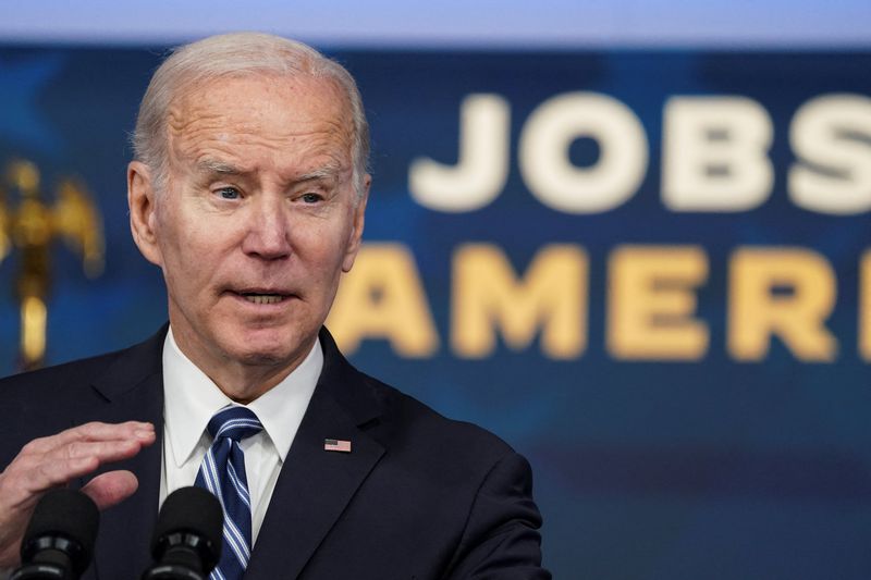 &copy; Reuters. FILE PHOTO: U.S. President Joe Biden speaks about the economy and the January jobs report, during brief remarks in the Eisenhower Executive Office Building's South Court Auditorium at the White House in Washington, U.S., February 3, 2023. REUTERS/Kevin La