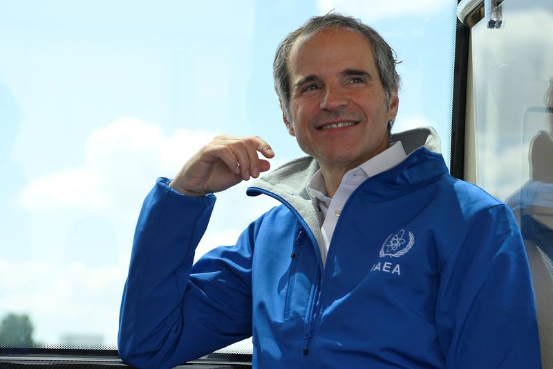 © Reuters. International Atomic Energy Agency (IAEA) Director General Rafael Grossi looks on in a bus at Vienna International Airport before departing for Ukraine, in Vienna, Austria June 12, 2023. Dean Calma/IAEA/Handout via REUTERS