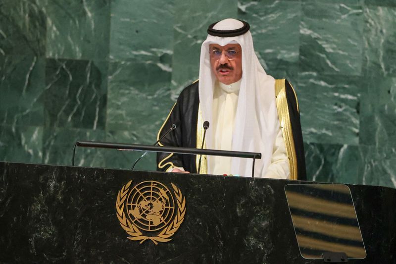 © Reuters. الشيخ أحمد نواف الأحمد الصباح رئيس الوزراء الكويتي خلال جلسة للأمم المتحدة في مقرها بنيويورك يوم 22 سبتمبر أيلول 2022. تصوير: ديفيد دي ديلجادو - رويترز.