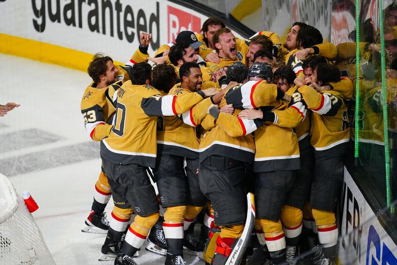 © Reuters. Jun 13, 2023; Las Vegas, Nevada, USA; The Vegas Golden Knights celebrate the win over the Florida Panthers in game five of the 2023 Stanley Cup Final at T-Mobile Arena. Mandatory Credit: Lucas Peltier-USA TODAY Sports
