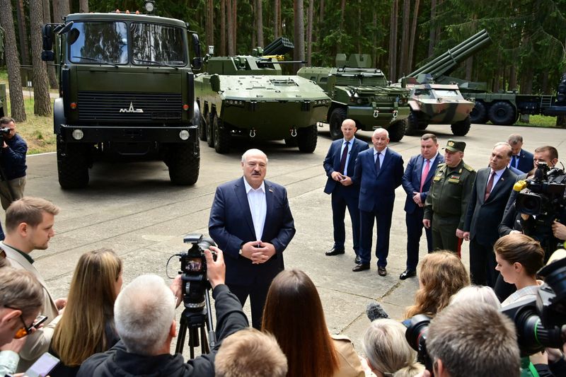 &copy; Reuters. Belarusian President Alexander Lukashenko speaks to journalists during his visit to a military-industrial complex facility in the Minsk Region, Belarus June 13, 2023. Press Service of the President of the Republic of Belarus/Handout via REUTERS