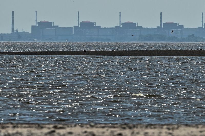 &copy; Reuters. La centrale nucléaire de Zaporizhzhia vue depuis la rive du réservoir de Kakhovka, près de la ville de Nikopol, après la rupture du barrage de Nova Kakhovka, dans le cadre de l'attaque russe contre l'Ukraine, dans la région de Dnipropetrovsk, en Ukra