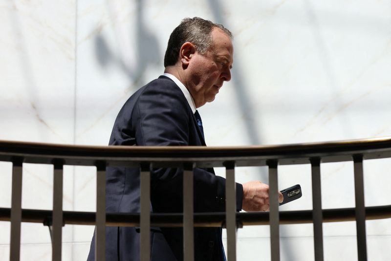 &copy; Reuters. FILE PHOTO: U.S. Rep. Adam Schiff (D-CA) departs a House Democratic Caucus meeting ahead of an expected vote in the U.S. House of Representatives on a bill raising the federal government's $31.4 trillion debt ceiling on Capitol Hill, in Washington, U.S., 