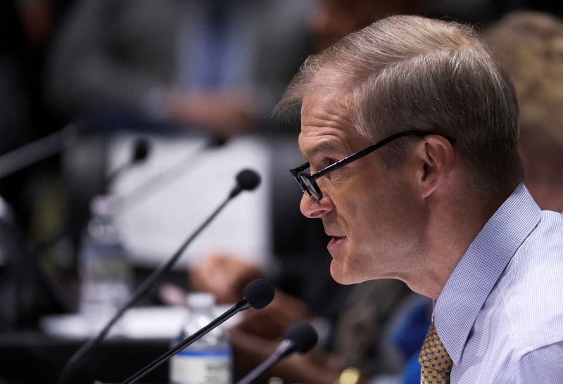 &copy; Reuters. FILE PHOTO: U.S. Representative Jim Jordan (R-OH) speaks, during a House Judiciary Committee hearing "Victims of Violent Crime in Manhattan" that examines how Manhattan District Attorney Alvin Bragg's policies may have led to an increase in violent crime 