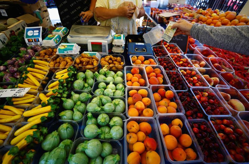 &copy; Reuters. FILE PHOTO: A shopper pays with a five Euro bank note to buy fruits at a local market in Nice, France, April 26, 2023. REUTERS/Eric Gaillard, France, June 8, 2023. REUTERS/Eric Gaillard/File Photo