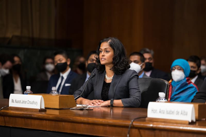 © Reuters. Nusrat Choudhury, a nominee to serve as a federal judge in the Eastern District of New York, appears before the U.S. Senate Judiciary Committee in Washington, D.C. on April 27, 2022. U.S. Senate/Handout via REUTERS/File Photo