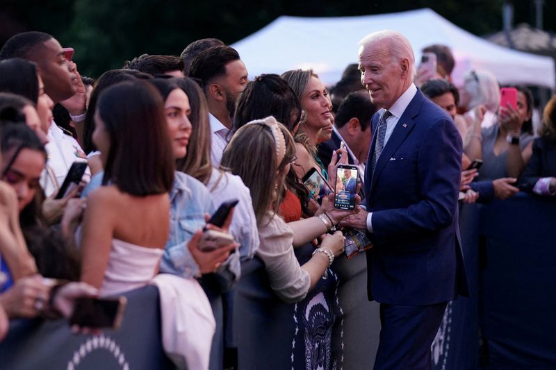 &copy; Reuters. U.S. President Joe Biden greets attendees during a screening of Flamin' Hot on the South Lawn of the White House in Washington, D.C., U.S., June 15, 2023. REUTERS/Sarah Silbiger