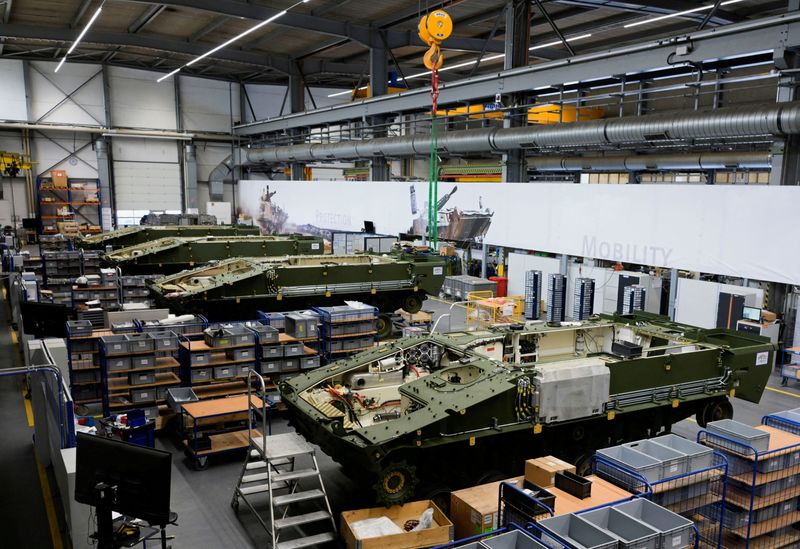 &copy; Reuters. FILE PHOTO: Lynx fighting vehicles are pictured at a production line at the plant of German company Rheinmetall, which produces weapons and ammunition for tanks and artillery, during a media tour in Unterluess, Germany, June 6, 2023. REUTERS/Fabian Bimmer