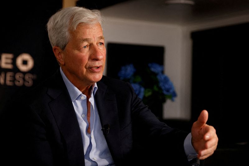 &copy; Reuters. FILE PHOTO: Jamie Dimon, Chairman of the Board and Chief Executive Officer of JPMorgan Chase & Co., gestures as he speaks during an interview with Reuters in Miami, Florida, U.S., February 8, 2023. REUTERS/Marco Bello/File Photo