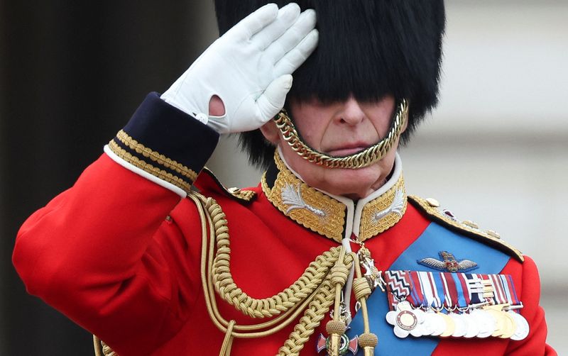 &copy; Reuters. Britain's King Charles salutes as he rides on horseback as part of Trooping the Colour parade which honours him on his official birthday, in London, Britain, June 17, 2023. REUTERS/Toby Melville