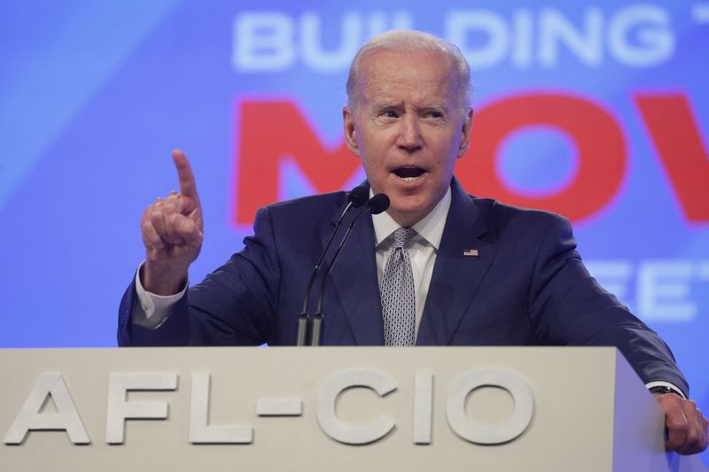 &copy; Reuters. FILE PHOTO: U.S. President Joe Biden delivers remarks at the 29th AFL-CIO Quadrennial Constitutional Convention at the Pennsylvania Convention Center in Philadelphia, U.S., June 14, 2022. REUTERS/Evelyn Hockstein/File Photo