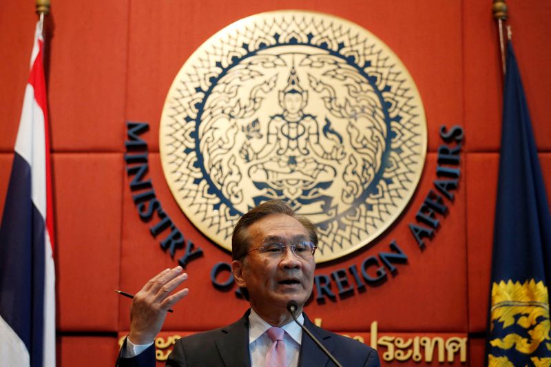 &copy; Reuters. FILE PHOTO: Thailand's Foreign Minister Don Pramudwinai gestures during a news conference on the U.S. State Department's annual human trafficking report at the Ministry of Foreign Affairs in Bangkok, Thailand, July 1, 2016. REUTERS/Chaiwat Subprasom/File 