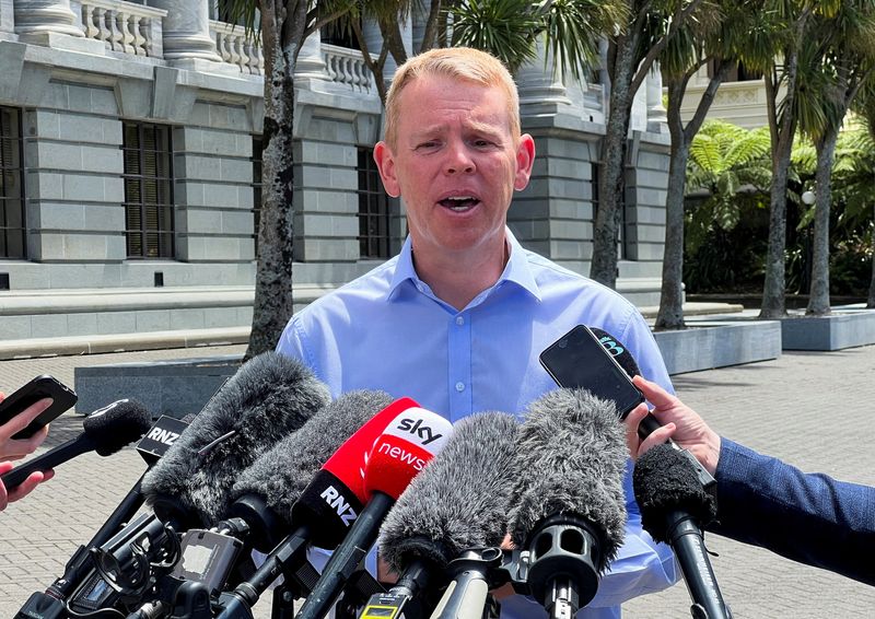 &copy; Reuters. FILE PHOTO: Chris Hipkins speaks to members of the media, after being confirmed as the only nomination to replace Jacinda Ardern as leader of the Labour Party, outside New Zealand's parliament in Wellington, New Zealand January 21 2023. REUTERS/Lucy Craym