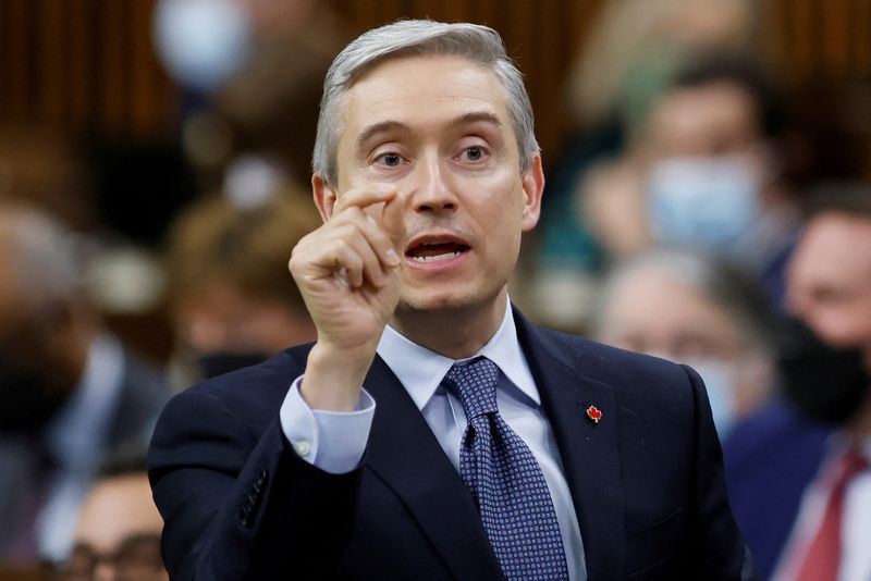 &copy; Reuters. FILE PHOTO: Canada's Minister of Innovation, Science and Industry Francois-Philippe Champagne speaks during Question Period in the House of Commons on Parliament Hill in Ottawa, Ontario, Canada April 25, 2022. REUTERS/Blair Gable/File Photo