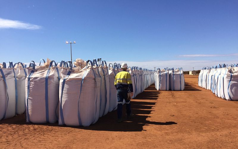 &copy; Reuters. FILE PHOTO: A Lynas Corp worker walks past sacks of rare earth concentrate waiting to be shipped to Malaysia, at Mount Weld, northeast of Perth, Australia, on August 23, 2019. Picture taken August 23.   REUTERS/Melanie Burton/File Photo