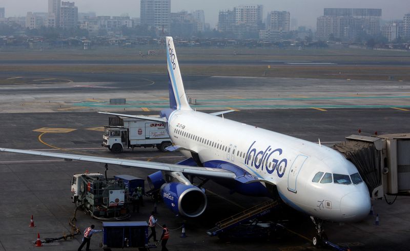 &copy; Reuters. FILE PHOTO: An IndiGo Airlines Airbus A320 aircraft is pictured parked at a gate at Mumbai's Chhatrapathi Shivaji International Airport February 3, 2013. Picture taken February 3, 2013. REUTERS/Vivek Prakash/File Photo