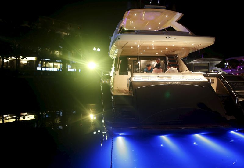 &copy; Reuters. FILE PHOTO: Prospects sit in a Ferretti Riva yacht at the Singapore Yacht Show on Sentosa Island April 25, 2015.   REUTERS/Edgar Su