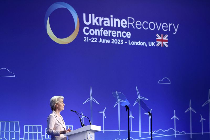 &copy; Reuters. European Commission President Ursula von der Leyen addresses the opening session on the first day of the Ukraine Recovery Conference in London, Britain June 21, 2023..     Henry Nicholls/Pool via REUTERS