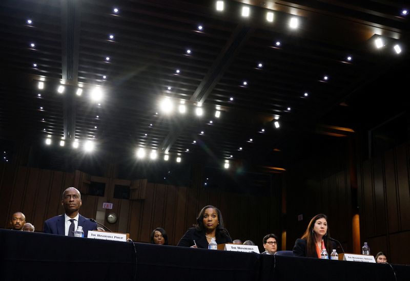 &copy; Reuters. Fed Governor Philip Jefferson, nominated to be the Federal Reserve's next vice chair, is seated next to Federal Reserve Board of Governors nominees Lisa Cook and Adriana Kugler as they testify before a Senate Banking Committee nominations hearing on Capit