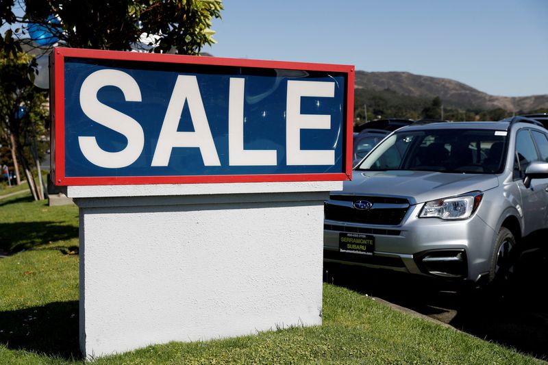 &copy; Reuters. FILE PHOTO: A sale sign is seen at car dealer Serramonte Subaru in Colma, California, U.S., October 3, 2017. REUTERS/Stephen Lam/File Photo