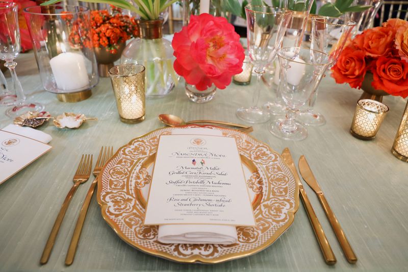 &copy; Reuters. A menu is pictured as U.S. first lady Jill Biden hosts a media preview in advance of Thursday's State Dinner as part of Indian Prime Minister Narendra Modi's official visit to the United States, in the State Dining Room of the White House in Washington, U