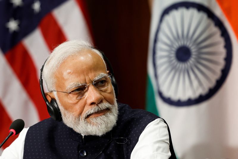 © Reuters. Indian Prime Minister Narendra Modi listens during a visit to the National Science Foundation with U.S. First Lady Jill Biden (not pictured) in Alexandria, Virginia, U.S., June 21, 2023. REUTERS/Evelyn Hockstein
