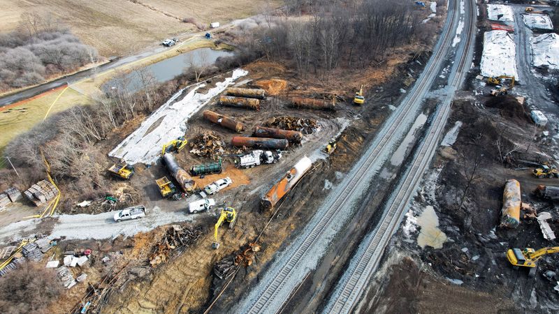 &copy; Reuters. FILE PHOTO: A general view of the site of the derailment of a train carrying hazardous waste in East Palestine, Ohio, U.S., February 23, 2023. REUTERS/Alan Freed/File Photo