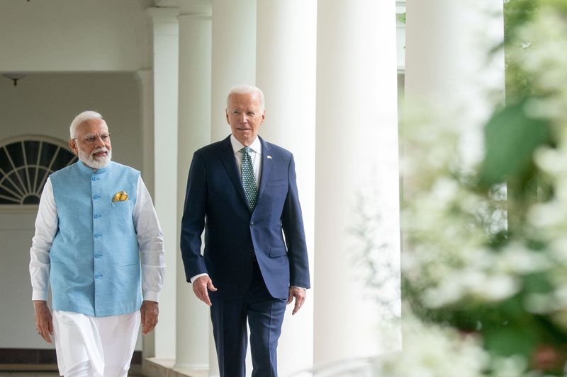 &copy; Reuters. Presidente dos EUA, Joe Biden, e primeiro-ministro da Índia, Narendra Modi, duarente encontro na Casa Branca
22/06/2023 Stefani Reynolds/Pool via REUTERS