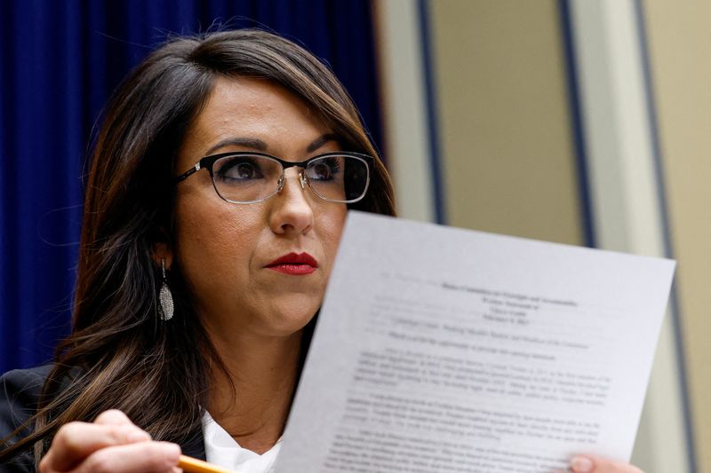 &copy; Reuters. FILE PHOTO: U.S. House Oversight and Accountability Committee member Representative Lauren Boebert (R-CO) attends the committee's hearing about Twitter's handling of a 2020 New York Post story about Hunter Biden and his laptop, in Washington, U.S. Februar